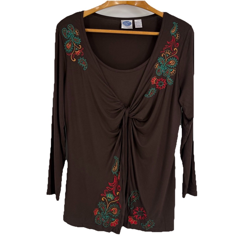 DG2 Diane Gilman Womens Oversized Jersey Knit Top 1X Brown Stretch Embroidered